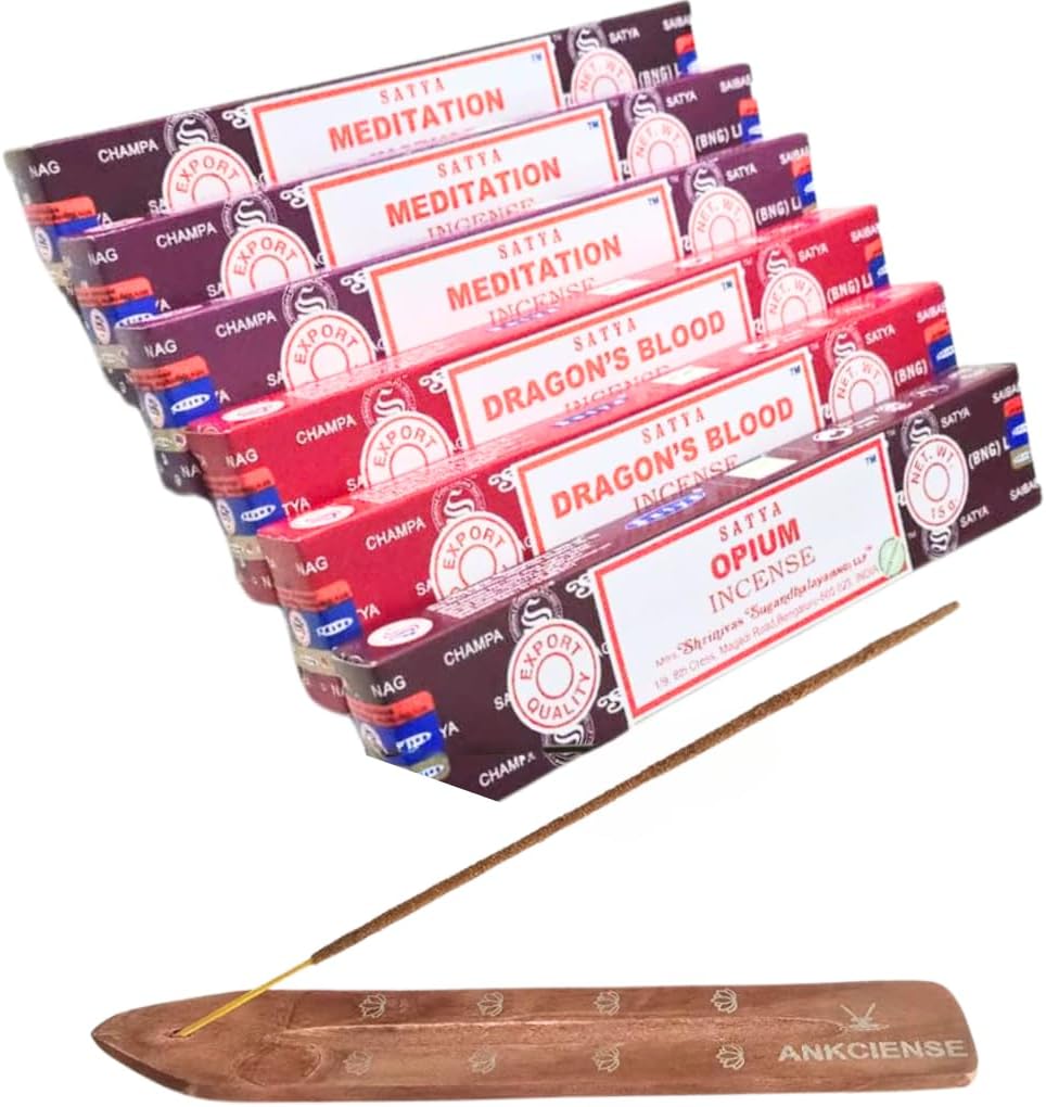 Satya with ANKCIENSE Incense Holder Pack of 3 fragrances Variety Pack of 90 Sticks. Meditation, Dragon Blood & Opium Insense Insence
