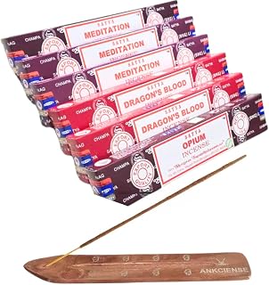 Satya with ANKCIENSE Incense Holder Pack of 3 fragrances Variety Pack of 90 Sticks. Meditation, Dragon Blood & Opium Insense Insence
