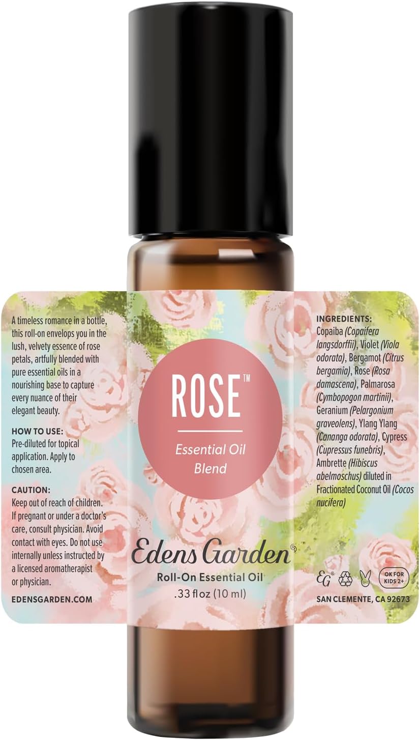 Edens Garden Rose Essential Oil Roll-On – Pre-Diluted Floral Blend, 100% Pure Aromatherapy & Natural Perfume for Romance & Self-Care, Skin Safe, 10 ml (.33 fl oz)