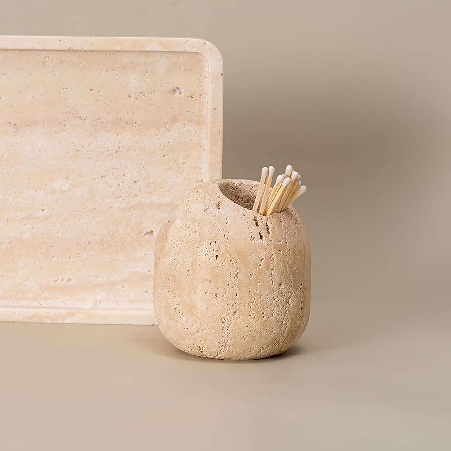 100% Travertine Match Holder |Toothpick Holder | Cute Beige Match Cloche | Matches Jar Box for Candles or Bathroom Decor | 3x3x3 | Matches NOT Included