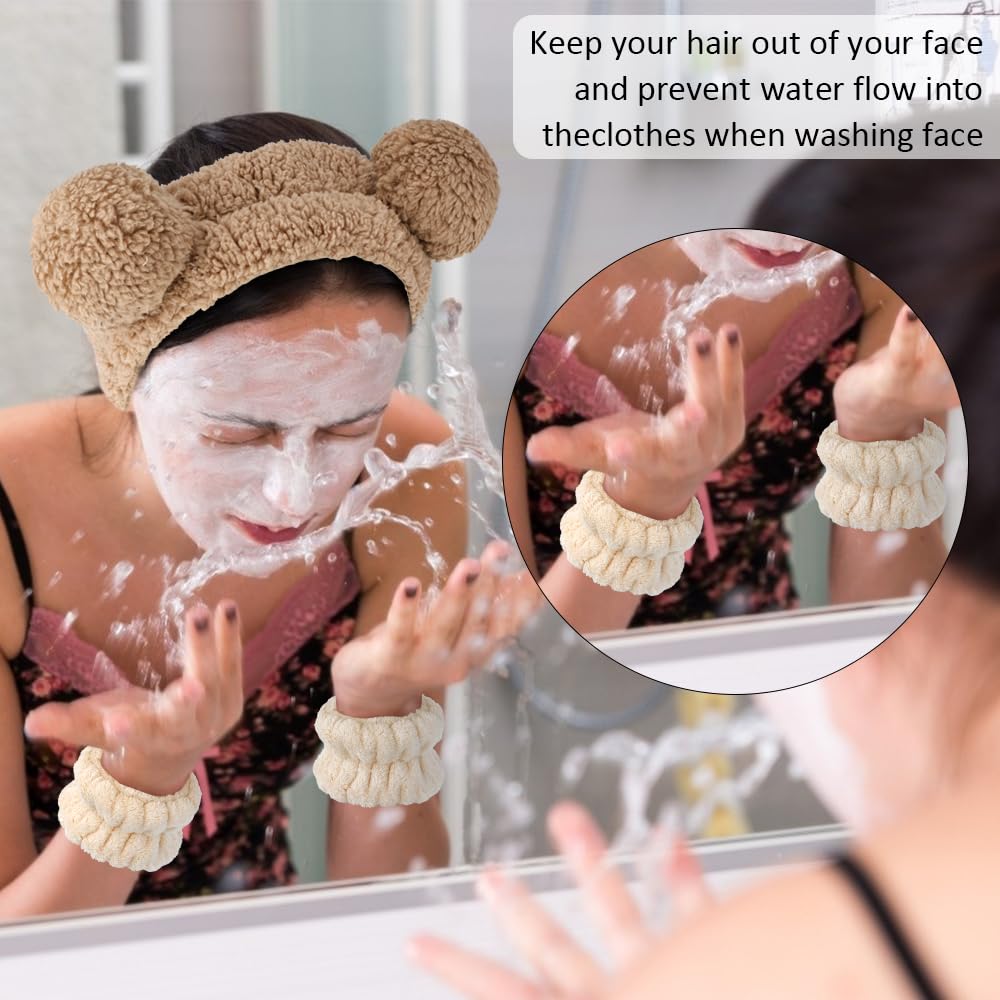 AHONEY Spa Bear Ears Headband, Face Wash Headband and Wristband Set, Cute Fluffy Makeup Skincare Headbands Wrist Bands for Washing Face Elastic for Women Girls Cosmetic (Khaki)