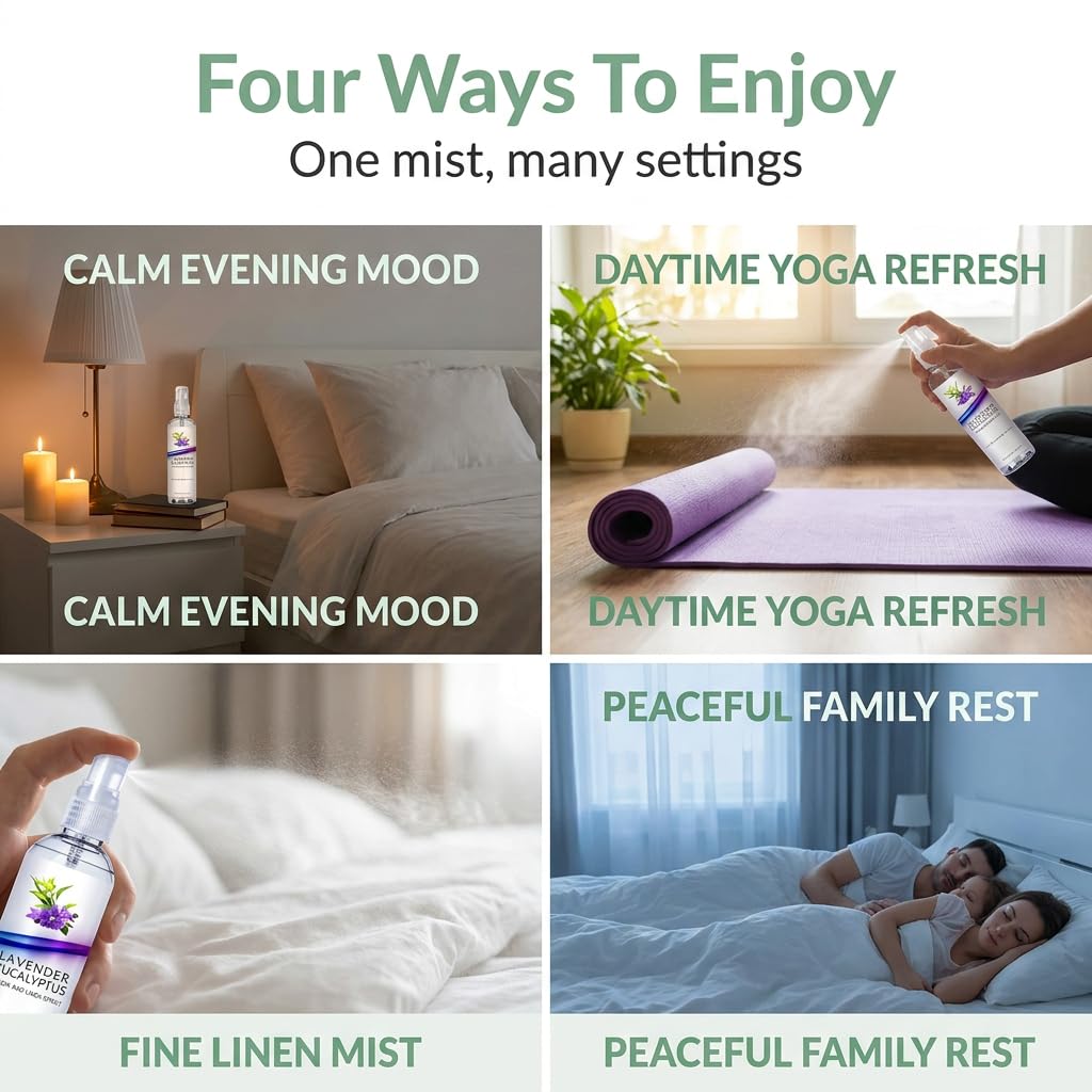 Lavender Eucalyptus Pillow Spray, Aromatherapy Linen & Bedding Mist, Natural Essential Oil Room Spritz for Relaxation, Stress and Air Freshener, Fabric Refresher for Calm Sleeping