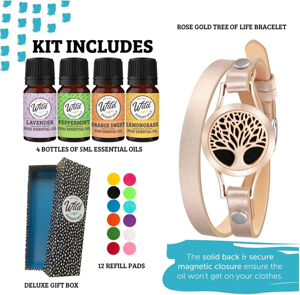 Wild Essentials Rose Gold Tree Essential Oil Leather Wrap Bracelet Diffuser, Gift Set, Lavender, Lemongrass, Peppermint, Orange Oils, 12 Pads, Customizable Color Changing Perfume Jewelry, Aromatherapy
