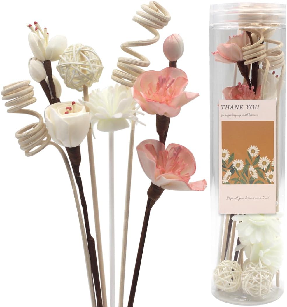16Pcs Natural Rattan Reed Diffuser Sticks with Handmade Flowers, Aroma Fragrance Diffuser Refill Replacement Set, Strong Scent Absorption for Home Office Bedroom Decor