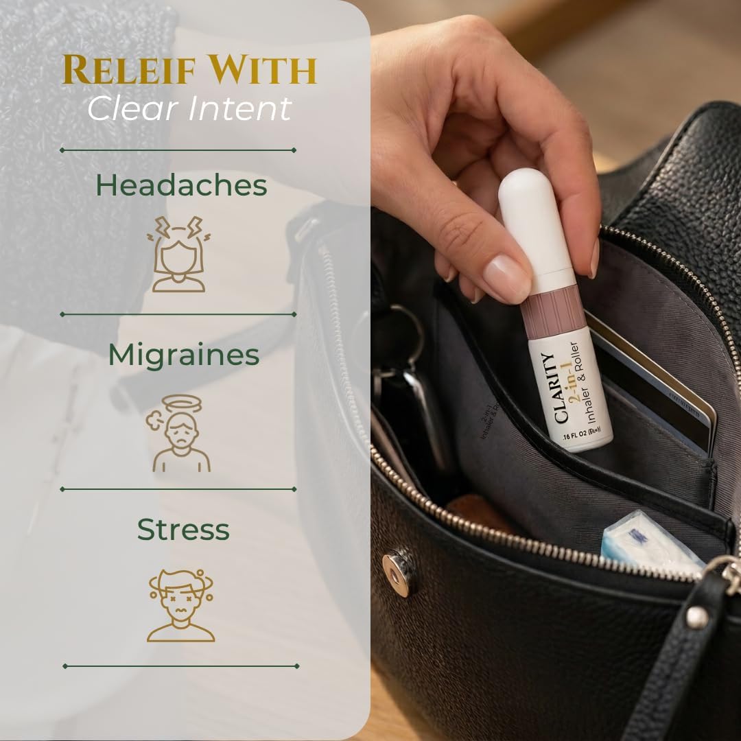 2-in-1 Nasal Inhaler & Essential Oil Roll-On for Headaches, Migraines & Stress | Fast-Acting Relief, Drug-Free, Non-Drowsy, All Natural, Portable (Clarity - 5 mL)