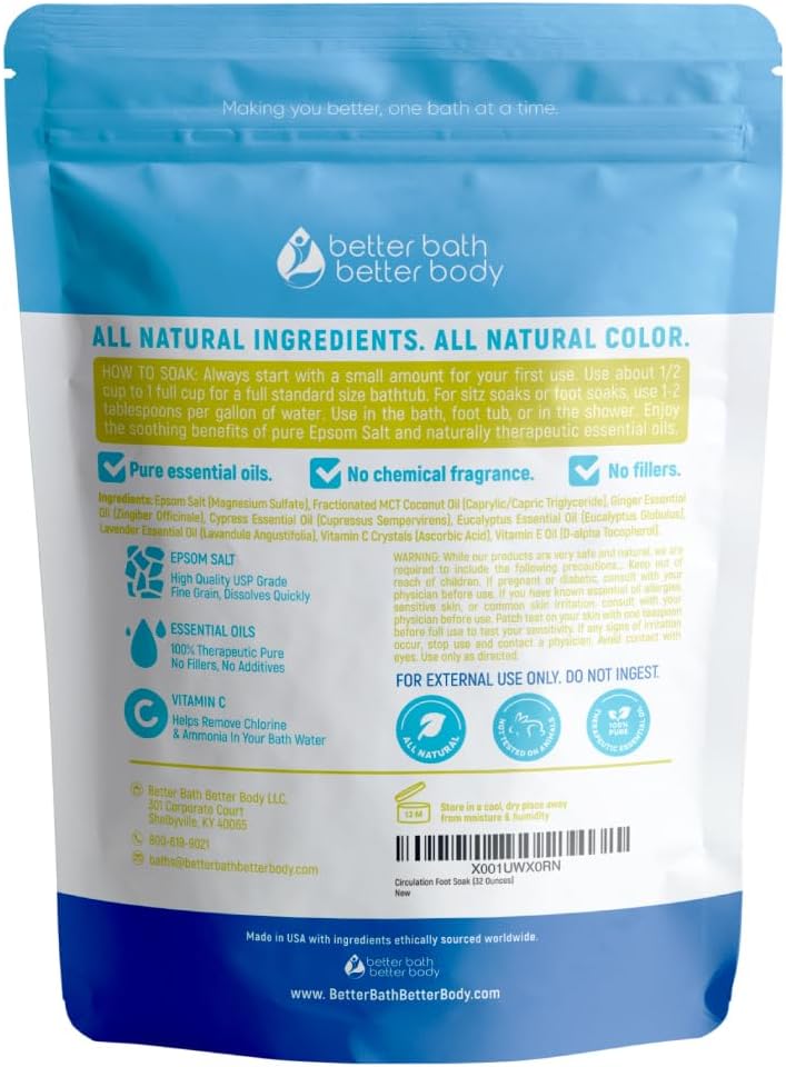 Circulation Foot Soak 32 Ounces (2 Lbs) Epsom Salt with Pure Essential Oils Ginger and Cypress Essential Oils Plus Vitamin C in BPA Free Pouch with Easy Press Lock Seal