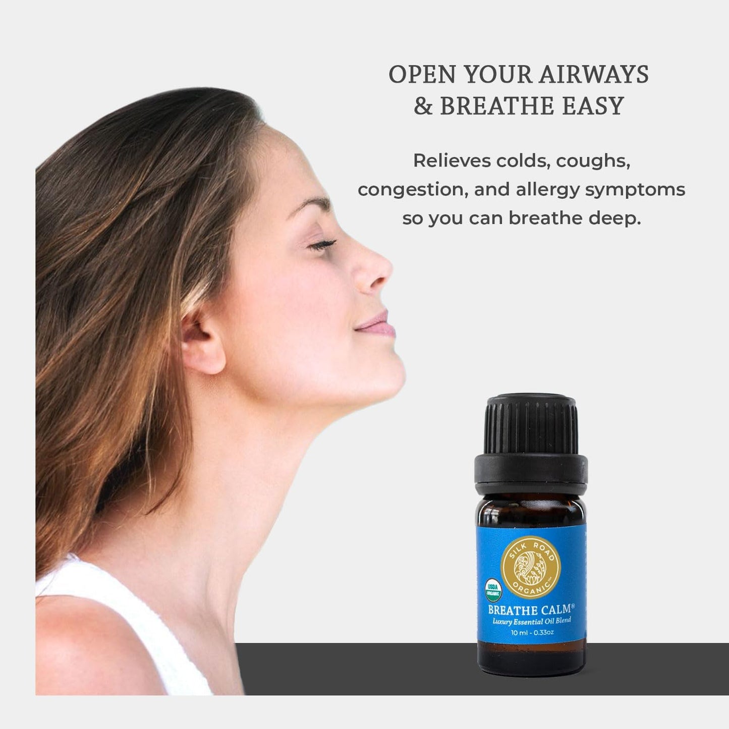 Silk Road Organic Breathe Calm Essential Oil Breathe Easy Blend for Cold, Cough, Congestion, Sinus & Allergy Support – USDA Certified Aromatherapy undiluted 10 ml Dropper
