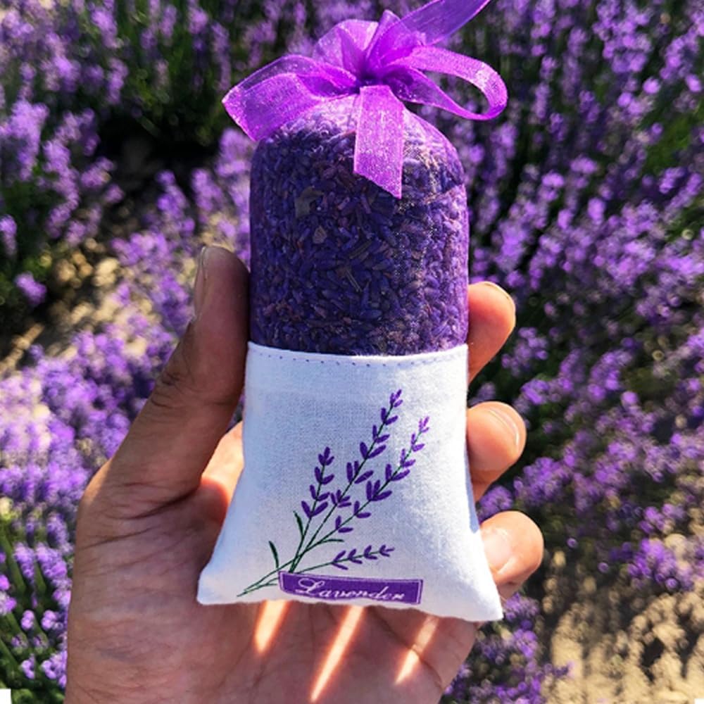 Lavender Sachet Bags Empty - 12 Pack Refillable Organza Drawstring Pouches for Herbs, Spices, DIY Crafts | Floral Design, Purple (Linen Blend)