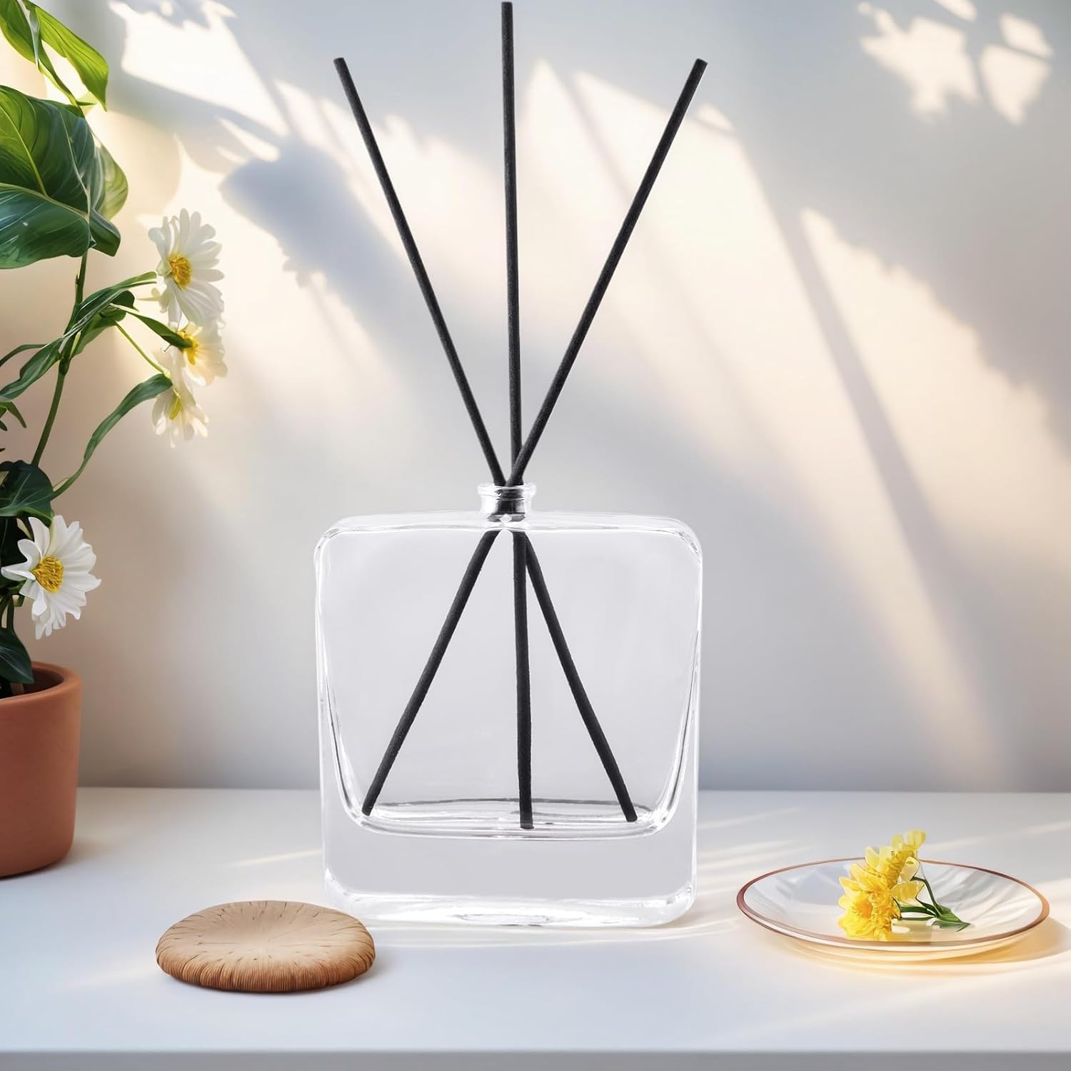 4PCS Empty Clear Glass Diffuser Bottles,100ML/3.5Oz Refillable Fragrance Set with 20pcs Reeds Sticks & Rubber Stopper & Funnels for DIY Essential Oil