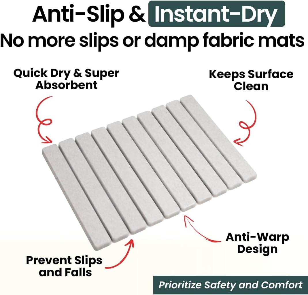 MophonicHome Foldable Stone Bath Mat - Diatomaceous Earth Shower Mat, Non-Slip Quick-Dry Stone Bath Mats for Bathroom Floor, Super Absorbent, Compact Design, Easy to Clean, Light Grey (23.5 x 15)