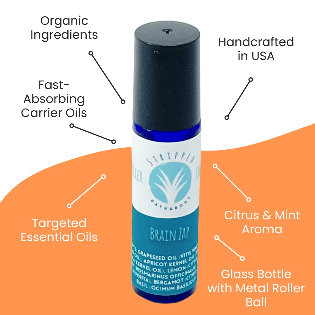 Stripped BRAIN ZAP Aromatherapy Roll On (12ml) – Energy, Focus, Mental Clarity, Inspiration – Mood Lifting Citrus, Mint, Herbal Fragrance – Natural Study Aid – Stocking Stuffer Idea (Single Bottle)