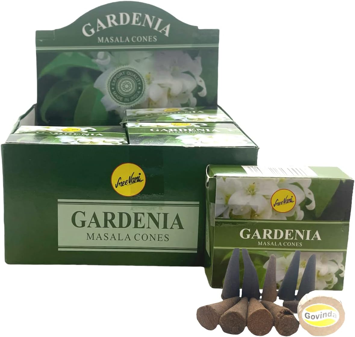 Sreevani Natural Masala Incense Cones and Holder Bundle, 120 Cones Total, Gardenia