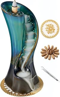 Unique Cloud Stairs Ceramic Waterfall Incense Holder, Paired with a Pack of Backflow Incense Cones. (Blue)