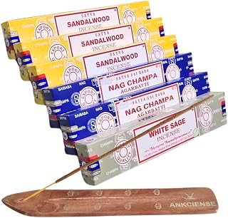 Satya Sandalwood, Nag Champa & White Sage with ANKCIENSE Incense Holder Pack of 3 fragrances Variety Pack of 90 Sticks Satya Nagchampa Natural Incense Insense Insence