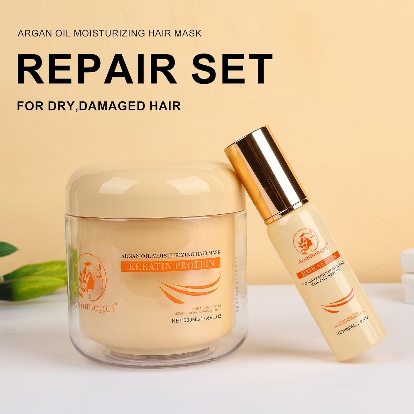 Hair Mask Argan Oil Set Deep Repair Conditioning Collagen Hair Treatment for Dry and Damaged Hair All Hair Types 16.9 fl oz + 2 fl oz