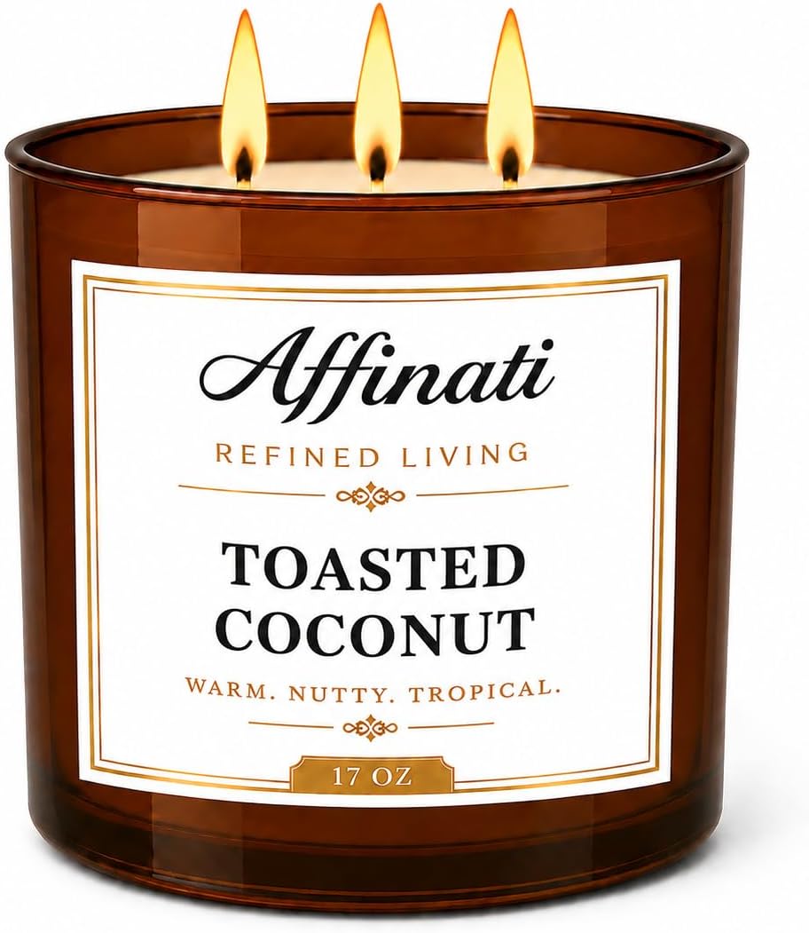 Affinati Toasted Coconut 3 Wick Scented Candle – Large Soy Blend Candle, Strong Scent Throw Warm Rich Paradise Tropical Vibe Candle, Premium Clean Burning Luxury Gift