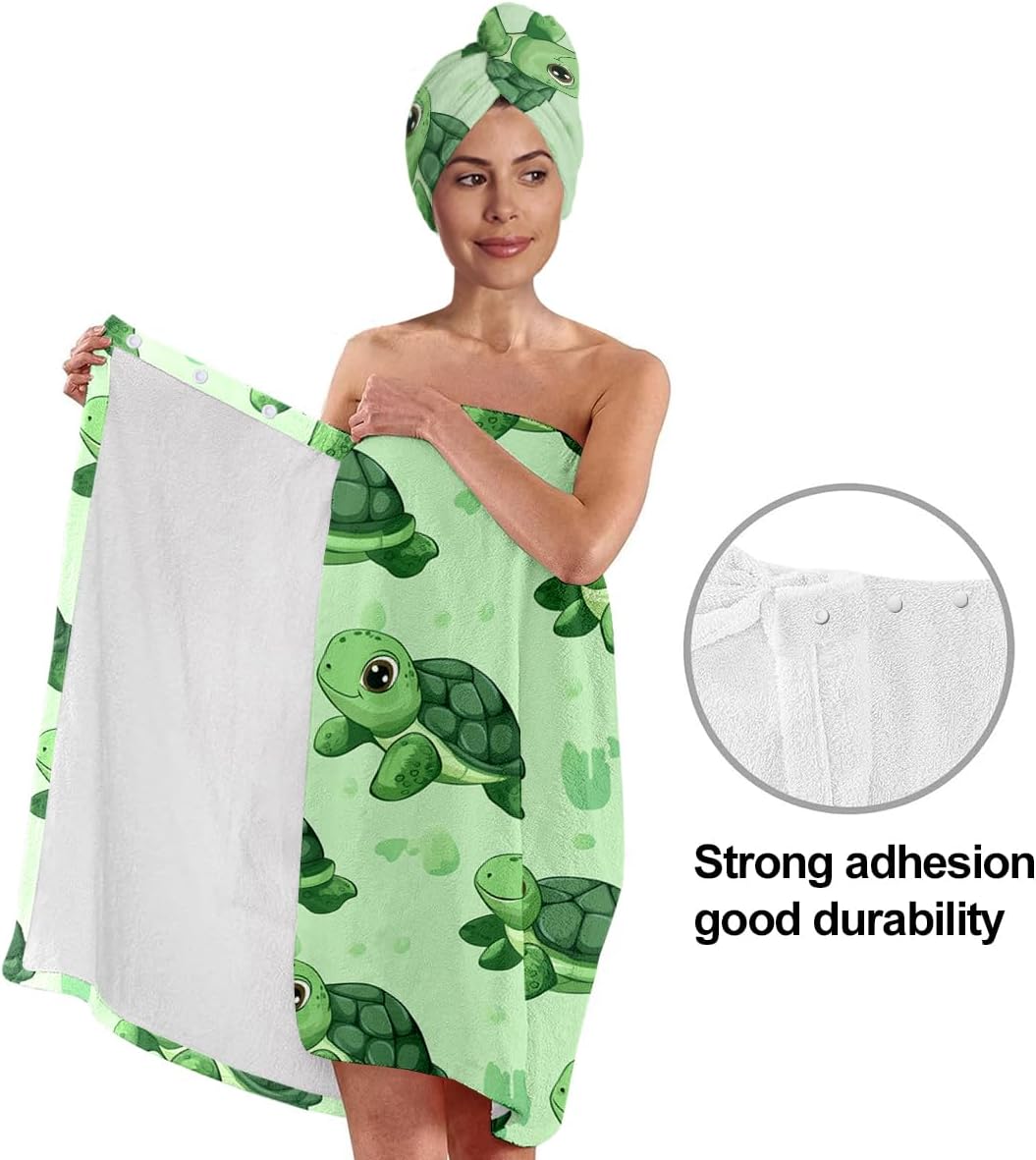 Turtle Bath Wrap Set with Hair Turban, Spa Towel Wrap with Matching Head Wrap, Spa Towel Wrap, Towel Robe for Women (Green)