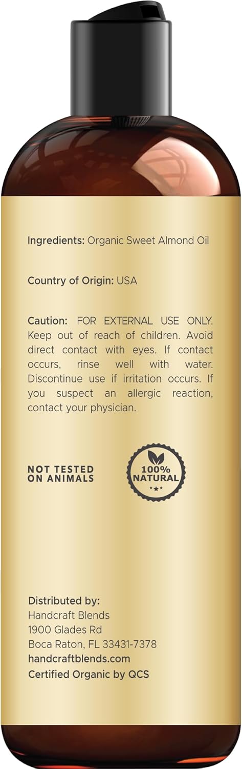 Handcraft Blends Organic Sweet Almond Oil | 100% Pure and Natural | Bath & Body Oil | Premium Grade Carrier Oil | Skin | Hair | Body | Massage | Hexane-Free | 8 Fl Oz