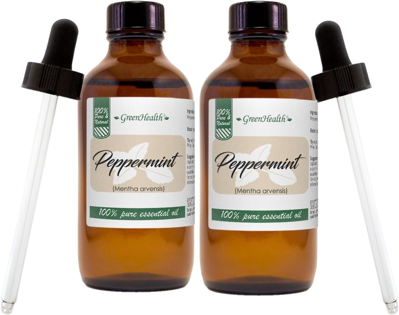 2 Bottles - Peppermint Essential Oil - 4 fl oz - 100% Pure Essential Oil - Amber Glass Bottle w/Glass Dropper - GreenHealth