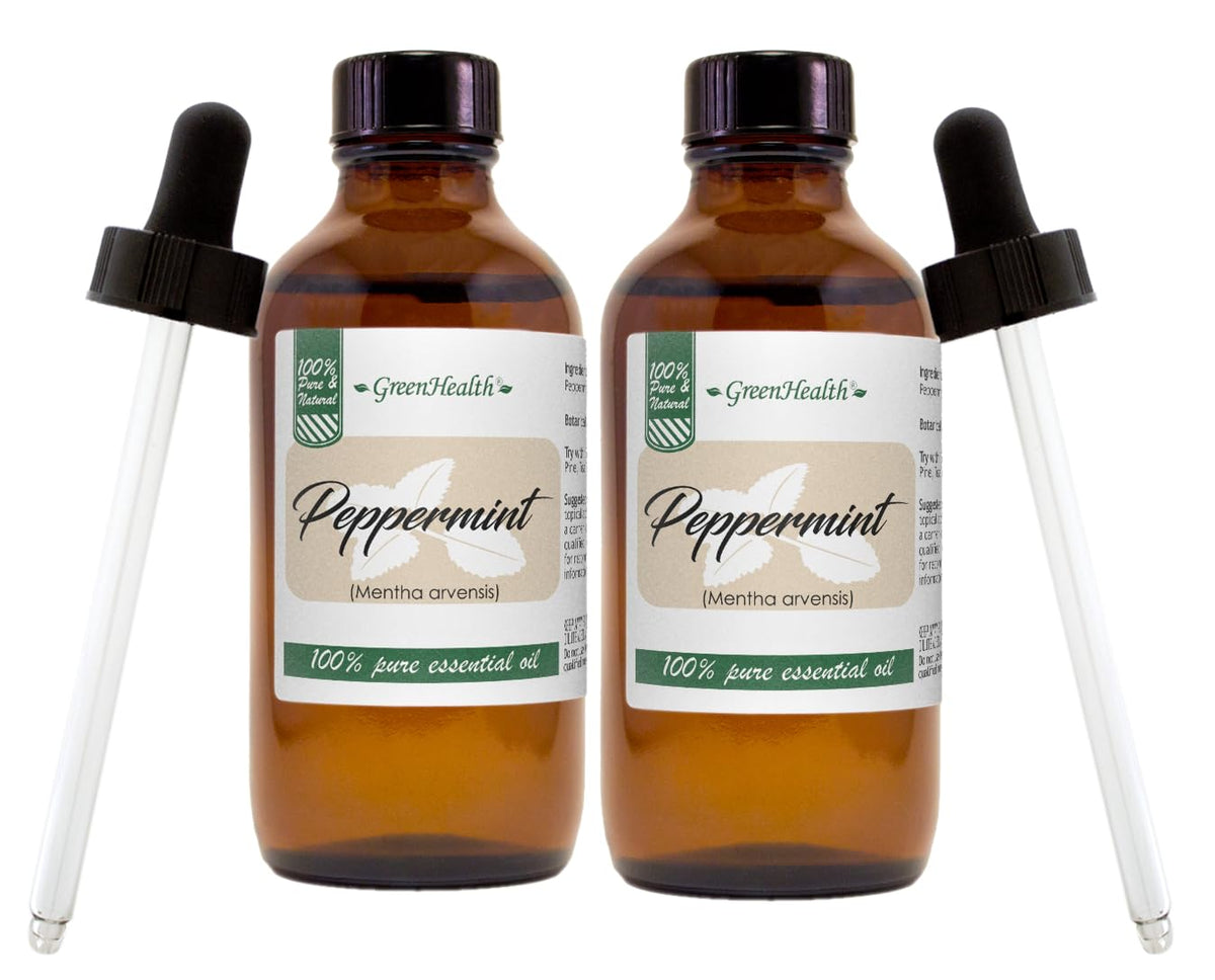 2 Bottles - Peppermint Essential Oil - 4 fl oz - 100% Pure Essential Oil - Amber Glass Bottle w/Glass Dropper - GreenHealth