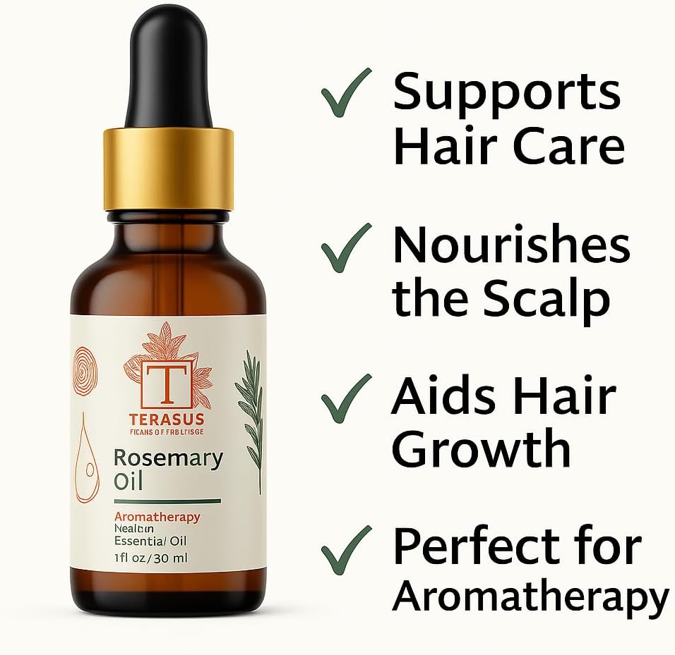 Rosemary Essential Oil for Hair & Scalp – 100% Pure, Steam Distilled, Undiluted – 30ml Glass Bottle for Diffuser & Aromatherapy