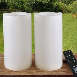 Pack of 2 Large Outdoor LED Pillar Candles 4x8 White with Timer and Remote – IP65 Waterproof Battery Operated LED Pillar Candles - Flickering Flameless Pillar Candles Unscented for Outside