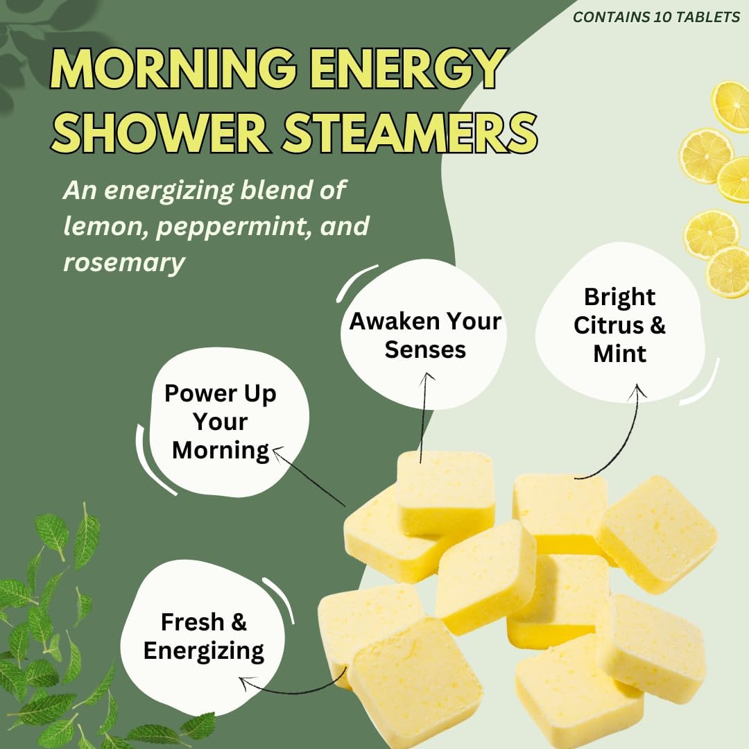 Morning Energy Shower Steamers Aromatherapy 10 Pack - Energizing Peppermint and Lemon Essential Oils for Morning Energy - USA Made Natural Shower Bombs Aromatherapy Gift - The Herbal Zen