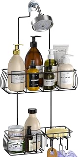 Epicano Shower Caddy Hanging Over Head, Matte Black,Stainless Steel | Rustproof,4 Hooks for Towels,Sponge and & Bathroom Accessories,Anti-Swing Suction Cups & Adhesive hooks