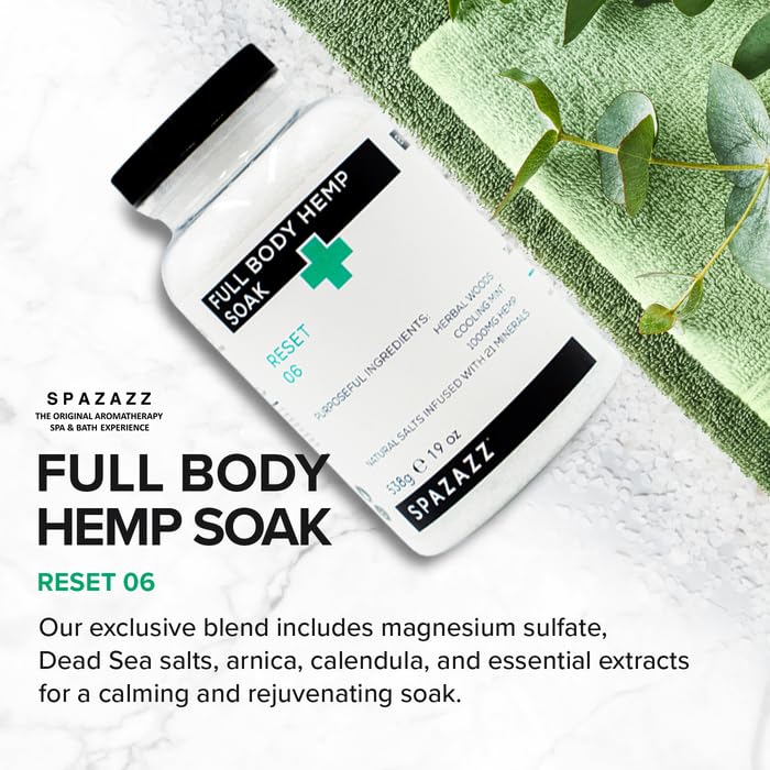 Spazazz Full Body Hemp Soak - 1000mg Hemp - Spa Hot Tub & Bath Aromatherapy Bath Salt Crystals - 538g/19oz (Reset 06)