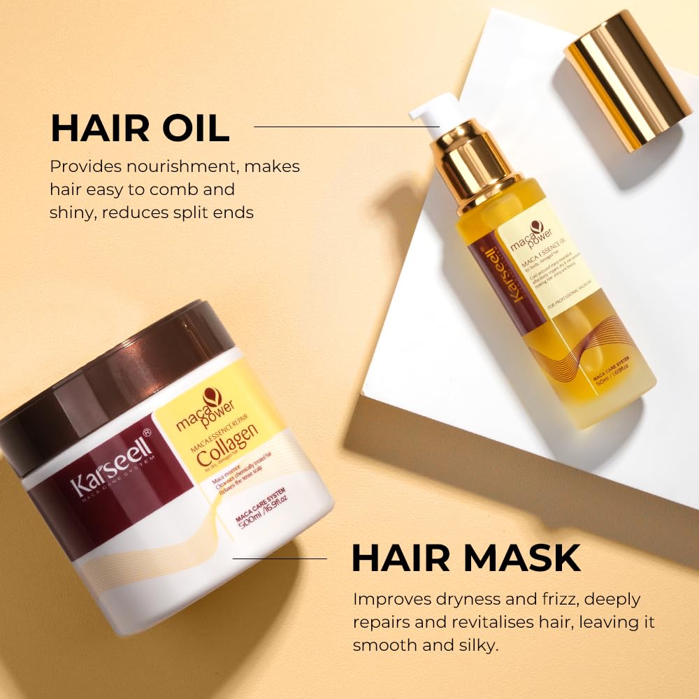 Karseell Collagen Hair Mask & Argan Oil Set, Deep Conditioning Hair Treatment for Dry Damaged Hair, Repair & Moisturize All Hair Types, 16.9 fl oz + 1.69 fl oz