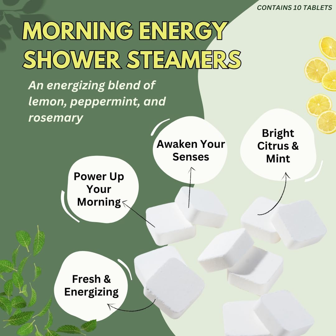 Morning Energy Shower Steamers Aromatherapy 10 Pack - Energizing Peppermint and Lemon Essential Oils for Morning Energy - USA Made Natural Shower Bombs Aromatherapy Gift - Dye-Free
