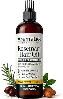 Aromatico 100% Pure Rosemary Oil for Hair Growth, Hair-fall Control & Hair Thickening. Enriched with Sesame, Jojoba & Almond Oils. Non-Sticky Texture. With Applicator Cap - 7 Fl Oz