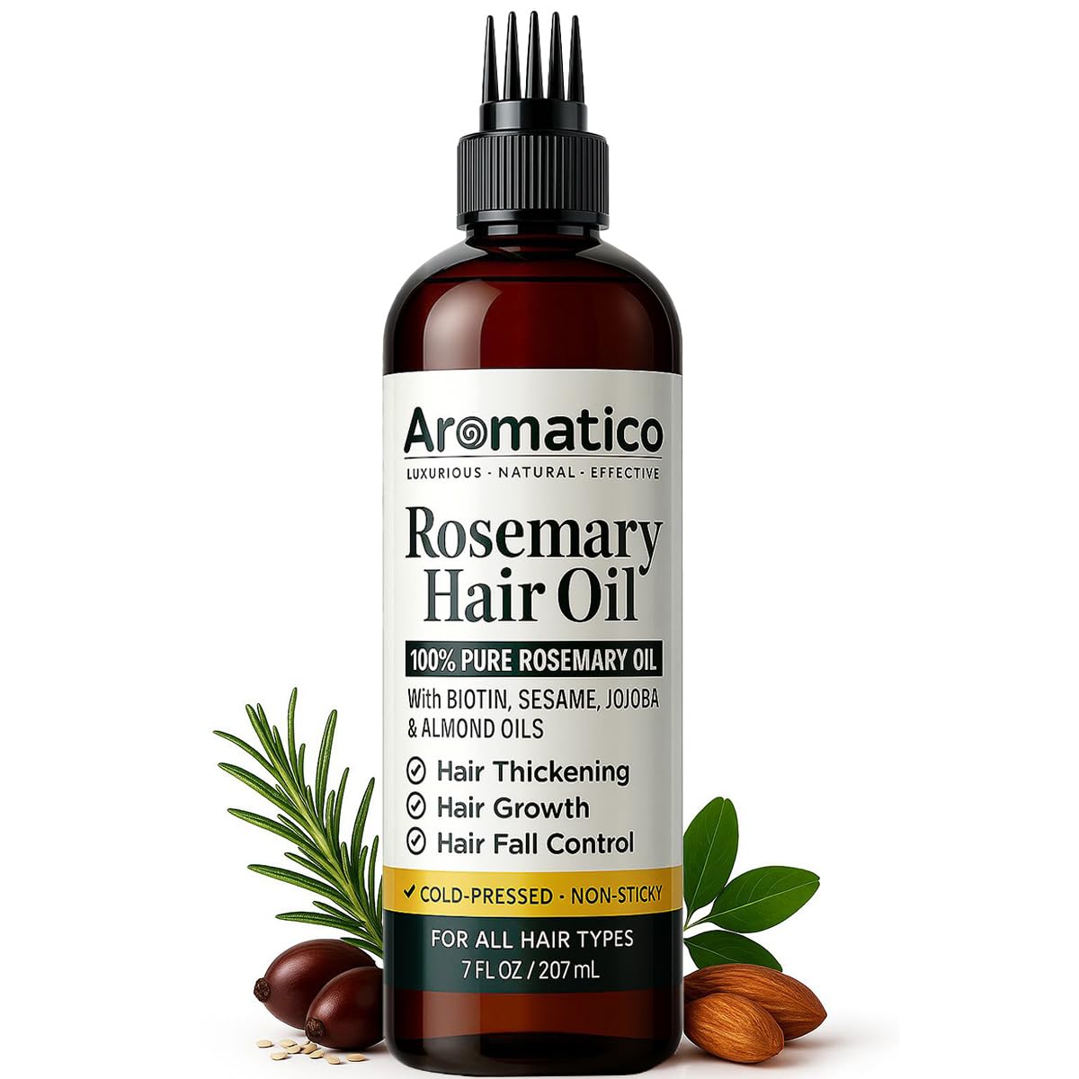 Aromatico 100% Pure Rosemary Oil for Hair Growth, Hair-fall Control & Hair Thickening. Enriched with Sesame, Jojoba & Almond Oils. Non-Sticky Texture. With Applicator Cap - 7 Fl Oz
