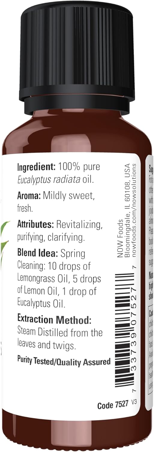 NOW Essential Oils, Eucalyptus Radiata Oil, Revitilizing Aromatherapy Scent, Steam Distilled, 100% Pure, Vegan, Child Resistant Cap, 1-Ounce