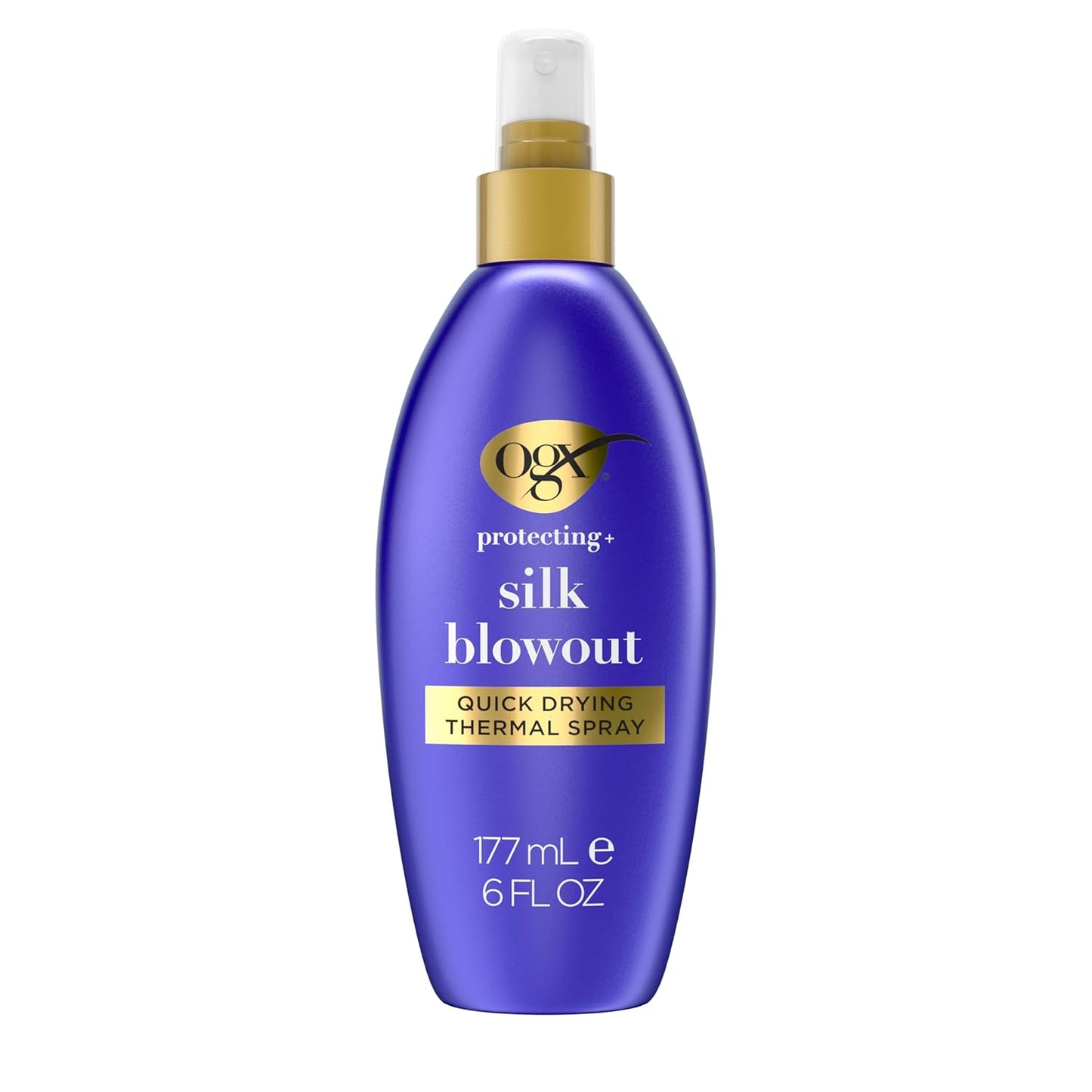 OGX Protecting + Silk Blowout Quick Drying Thermal Protection Spray, Heat Protectant Spray Shields Hair up to 450°F For Soft, Shiny Hair and Big, Beautiful Blowouts, Light Hold, 6 fl. oz