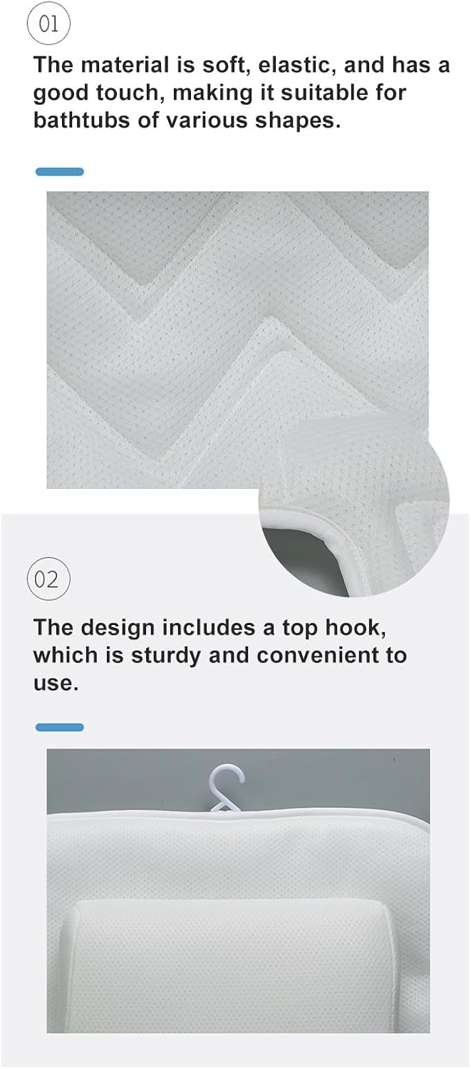 Ejoyous Full Body Bath Pillow, Spa Bathtub Pillow with Anti Slip Suction Cups, Luxury Bath Cushion Mat for Tub, White, Polyester, Neck/Back Support, Comfortable Spa Experience