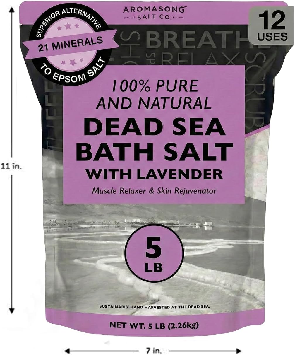 Aromasong Pure Dead Sea Salt for Soaking with 100% Natural Lavender, 5 LB - Spa Bath Salt Fine Grain - Body Wash Scrub - Soak for Women & Men- Bulk Resealable Pack (Packaging May Vary)