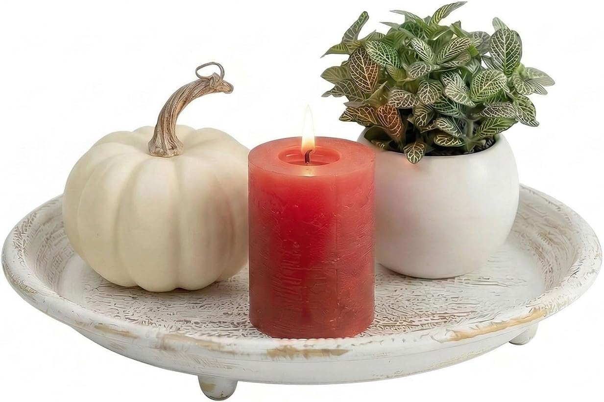 10” Candle Holder Plate Tray for Coffee Table Decor, Dining Table Centerpiece, Rustic Farmhouse Home Decoration - White