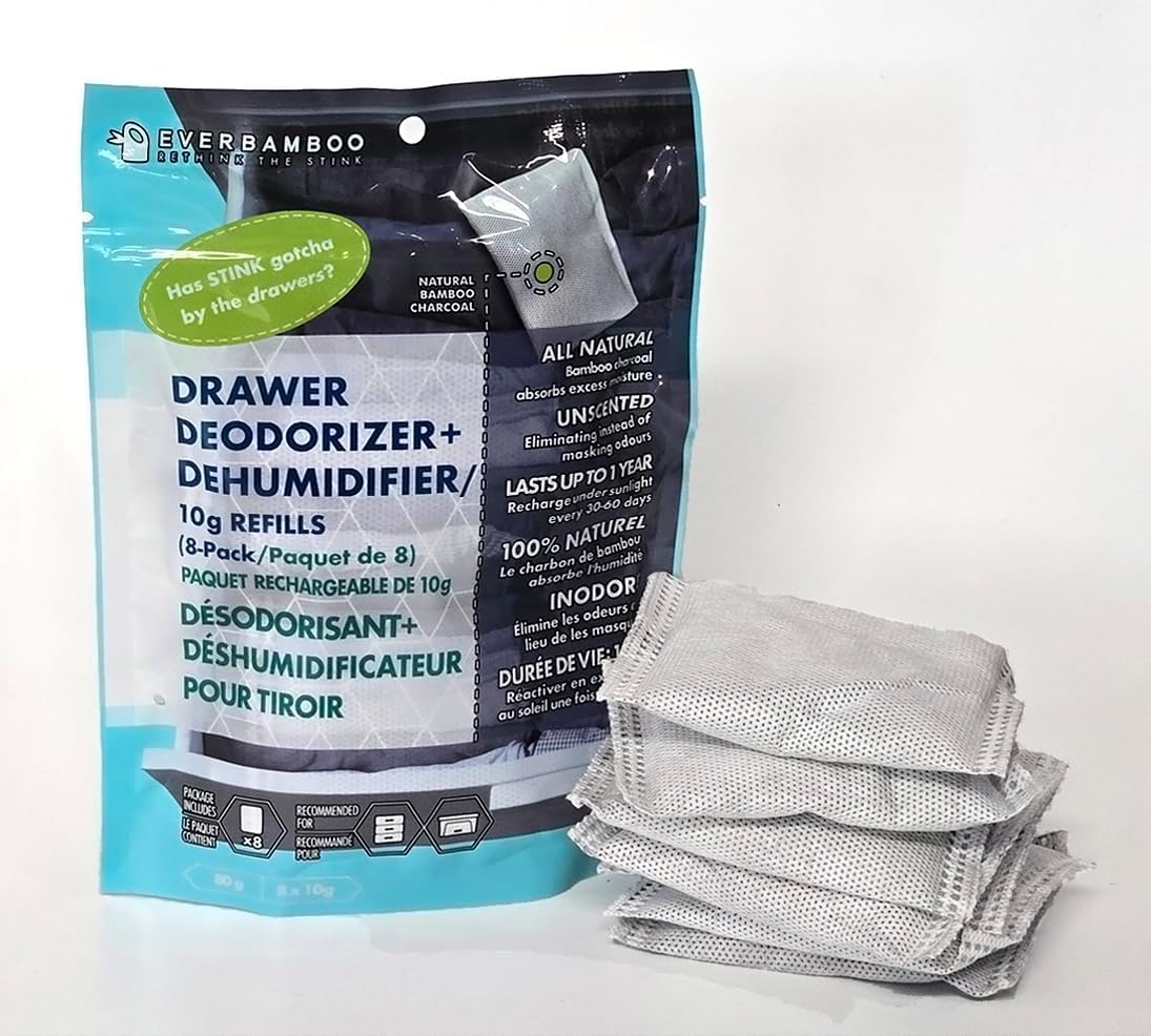 Ever Bamboo Drawer Deodorizer & Dehumidifier - Natural Bamboo Charcoal Odor Absorber, 8 x 10g. Single pack