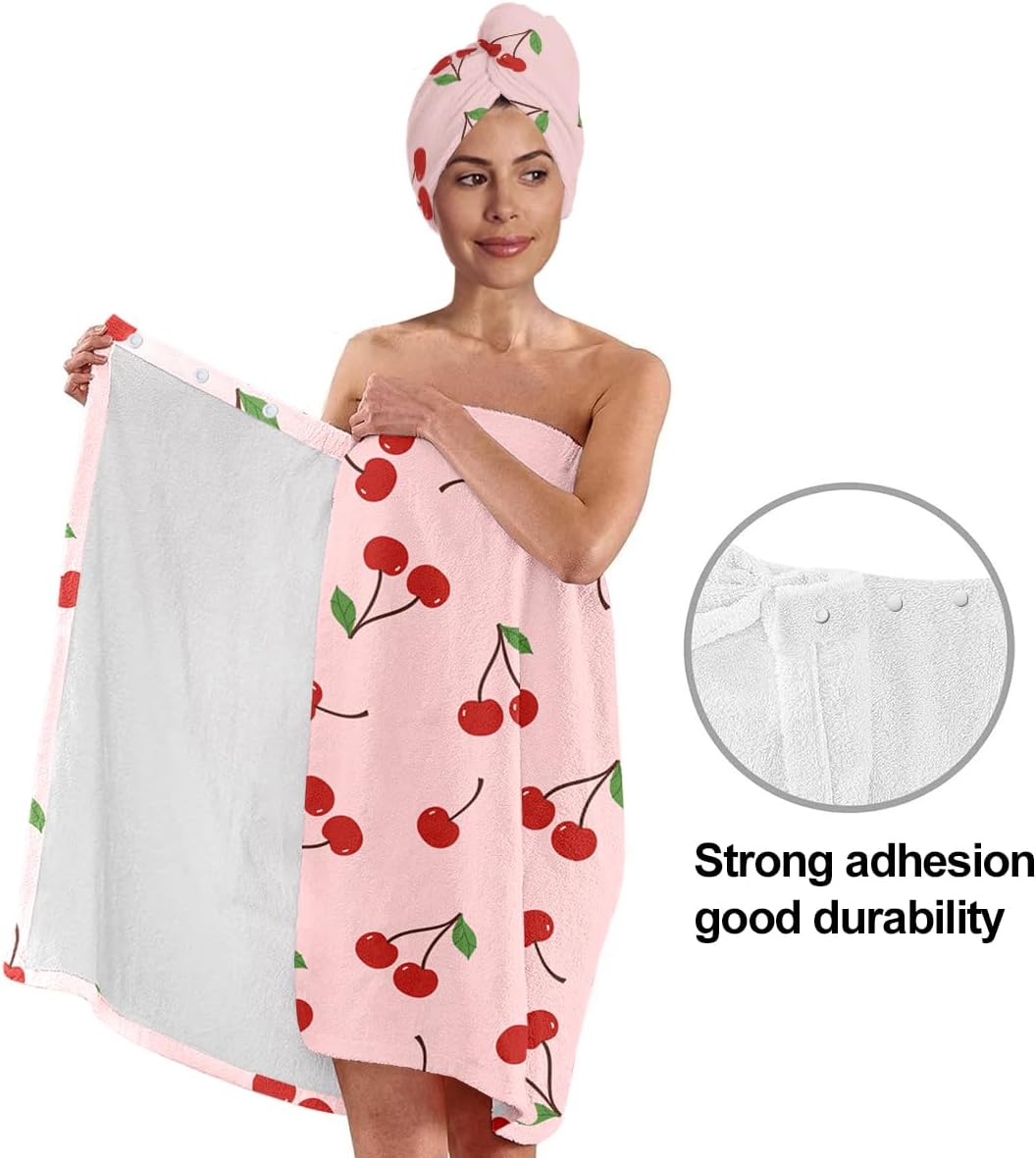 Women's Cherry Print Towel Wrap and Hair Drying Cap Set – Cute Pink Microfiber Shower Wrap with Adjustable Closure – Quick Dry Spa, Dorm, Beach Gift for Her