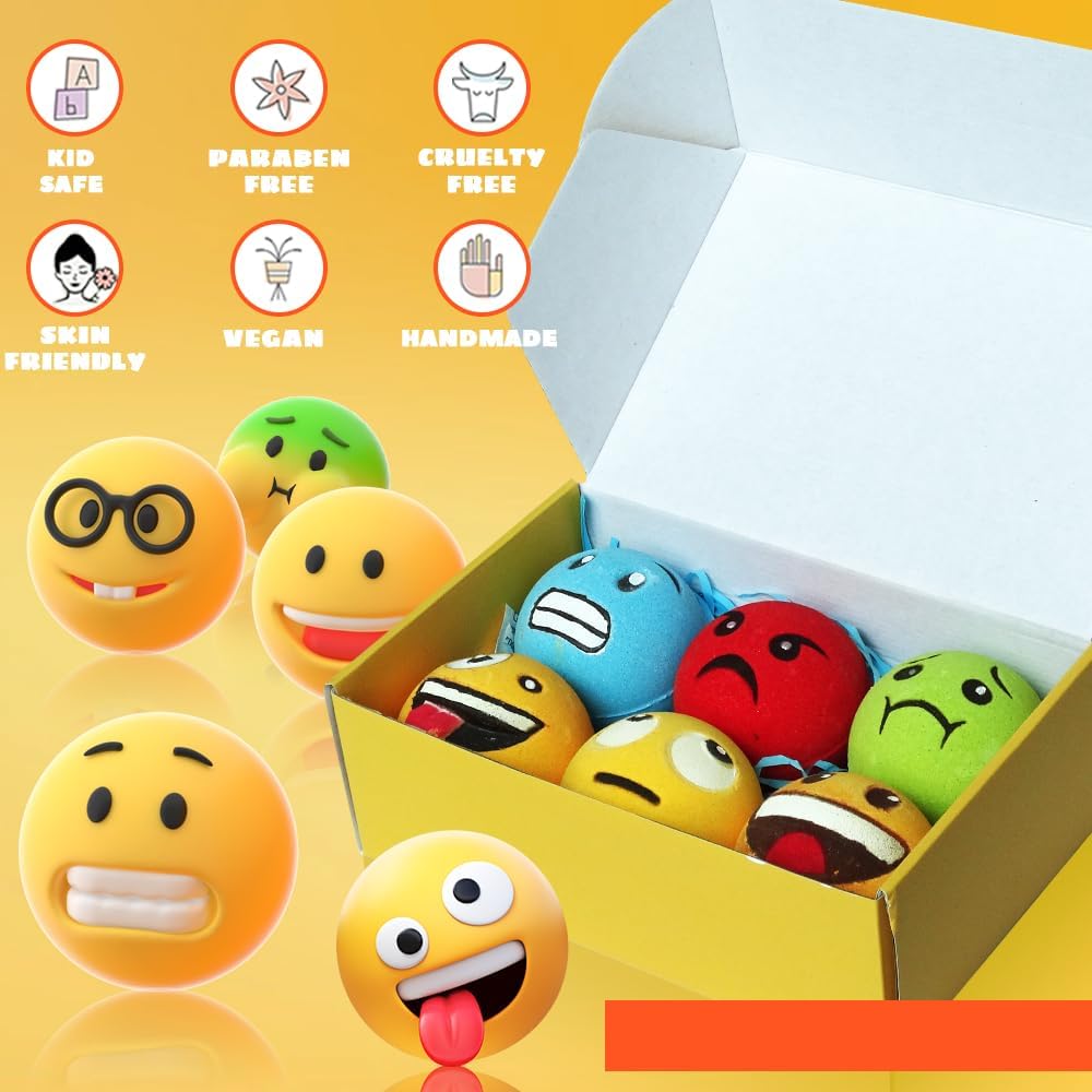 HZEX Large Emotion Face Bath Bombs Set of 6 – Fun Emoji-Inspired Spa Fizzies – Handmade with Shea Butter, Cocoa Butter & Essential Oils – Moisturizing Gift Set for Women, Men & Kids