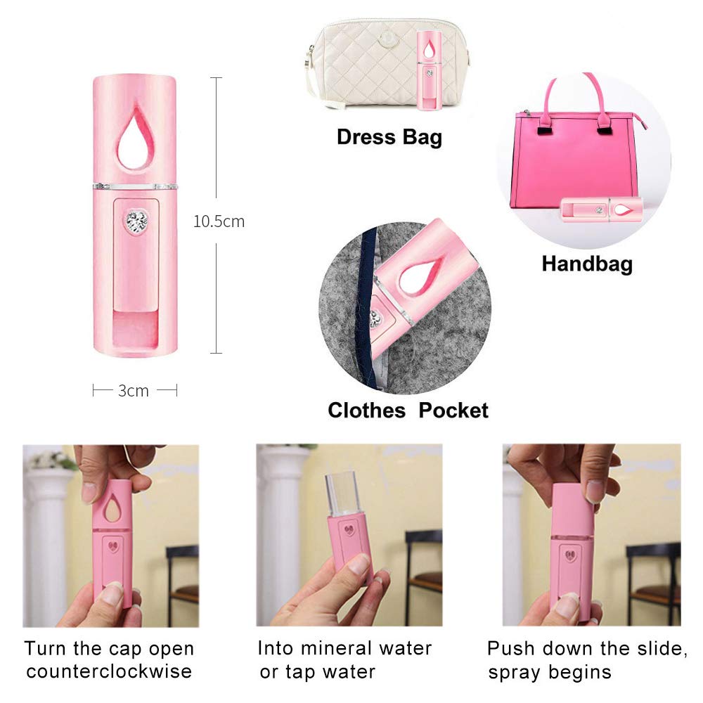 Nano Facial Steamer Mist Spray Eyelash Extensions Cleaning Pores Water SPA Moisturizing Hydrating Face Sprayer USB Rechargeable Mini Beauty Device (Pink)