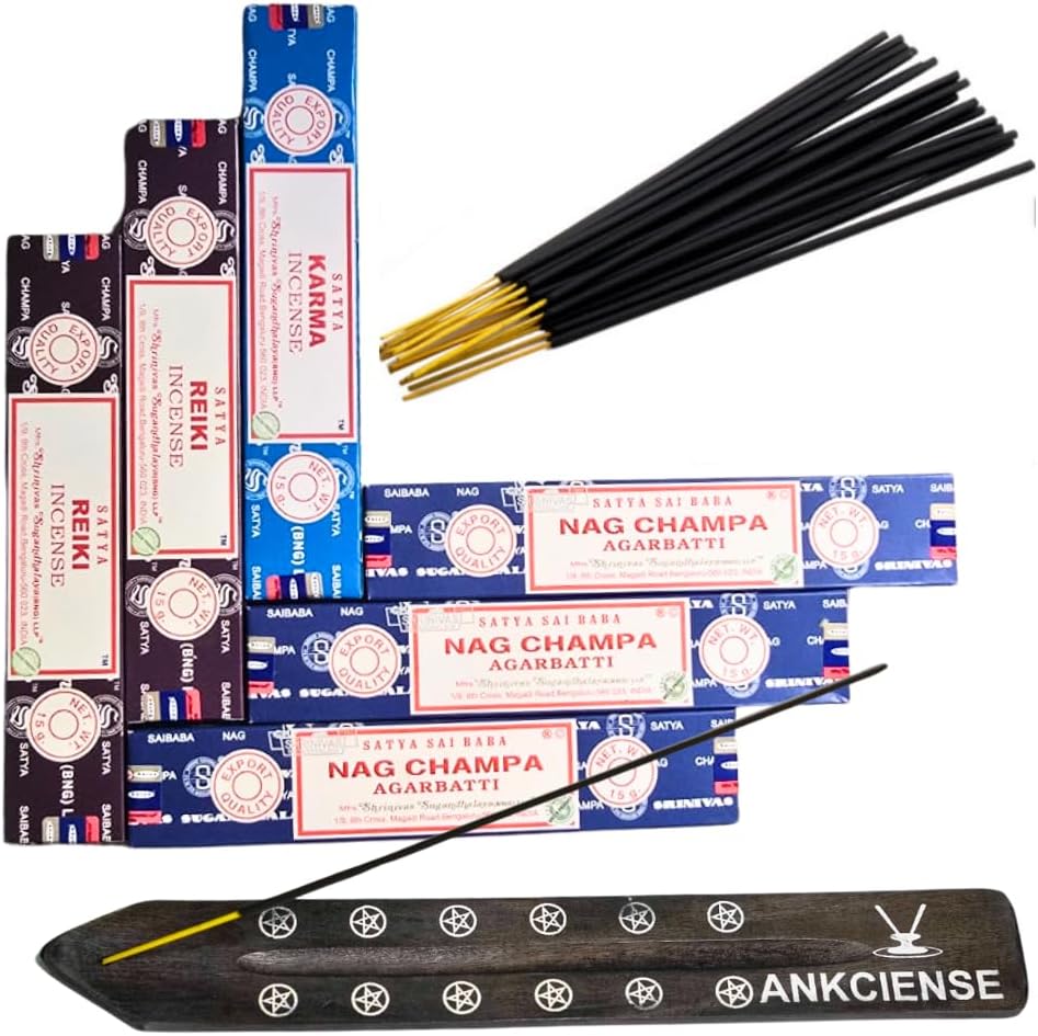 Satya with ANKCIENSE Incense Holder Pack of 3 fragrances Variety Pack of 90 Sticks. Nag Champa, Reiki & Karma Insense Insence