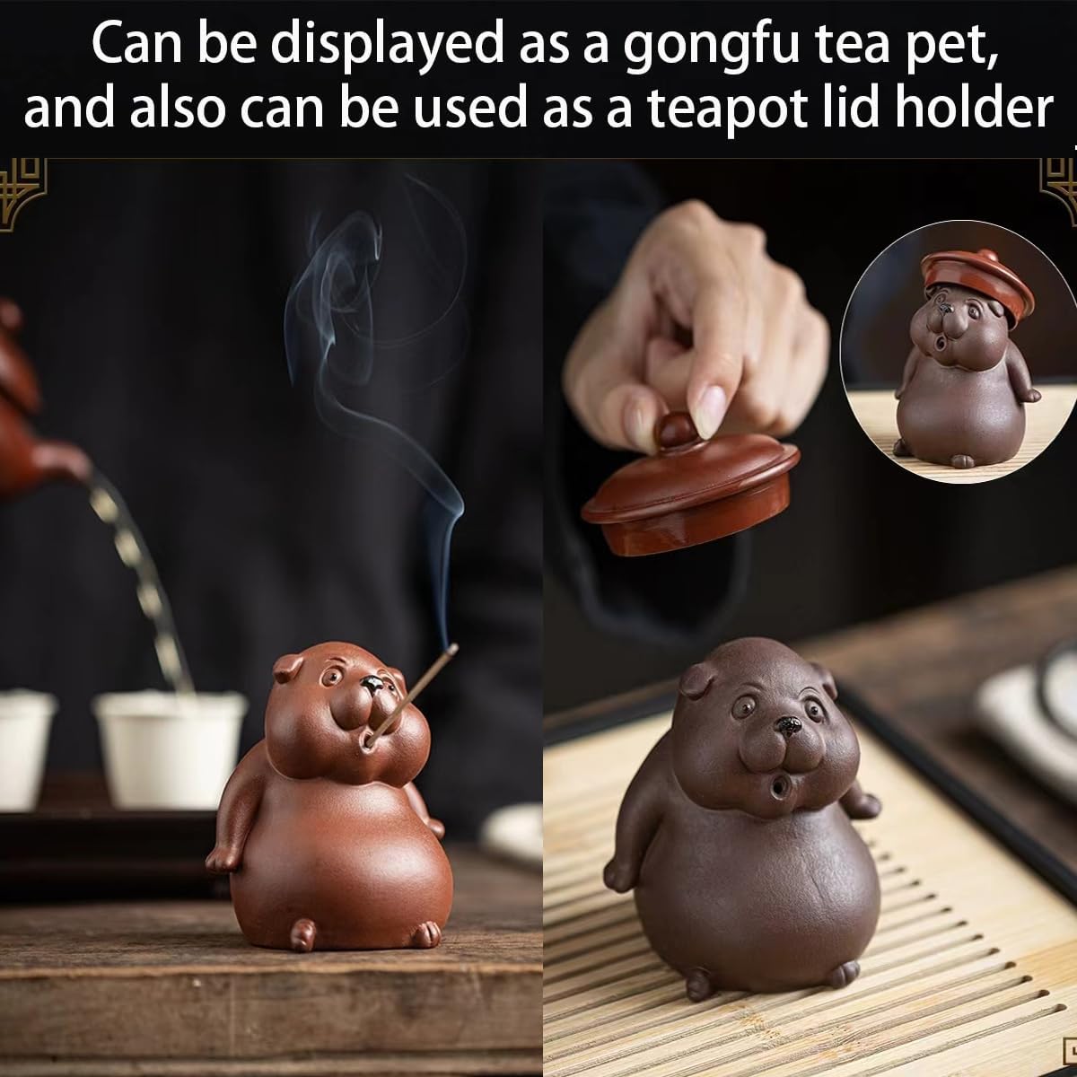 EAEDMY 2pcs Curious Puppy Figurine Incense Holder for Stick, Burner Incense Stick Holder, Purple Sand Kongfu Tea Pet Set for Tea Table Desk Tearoom Decoration Ornament