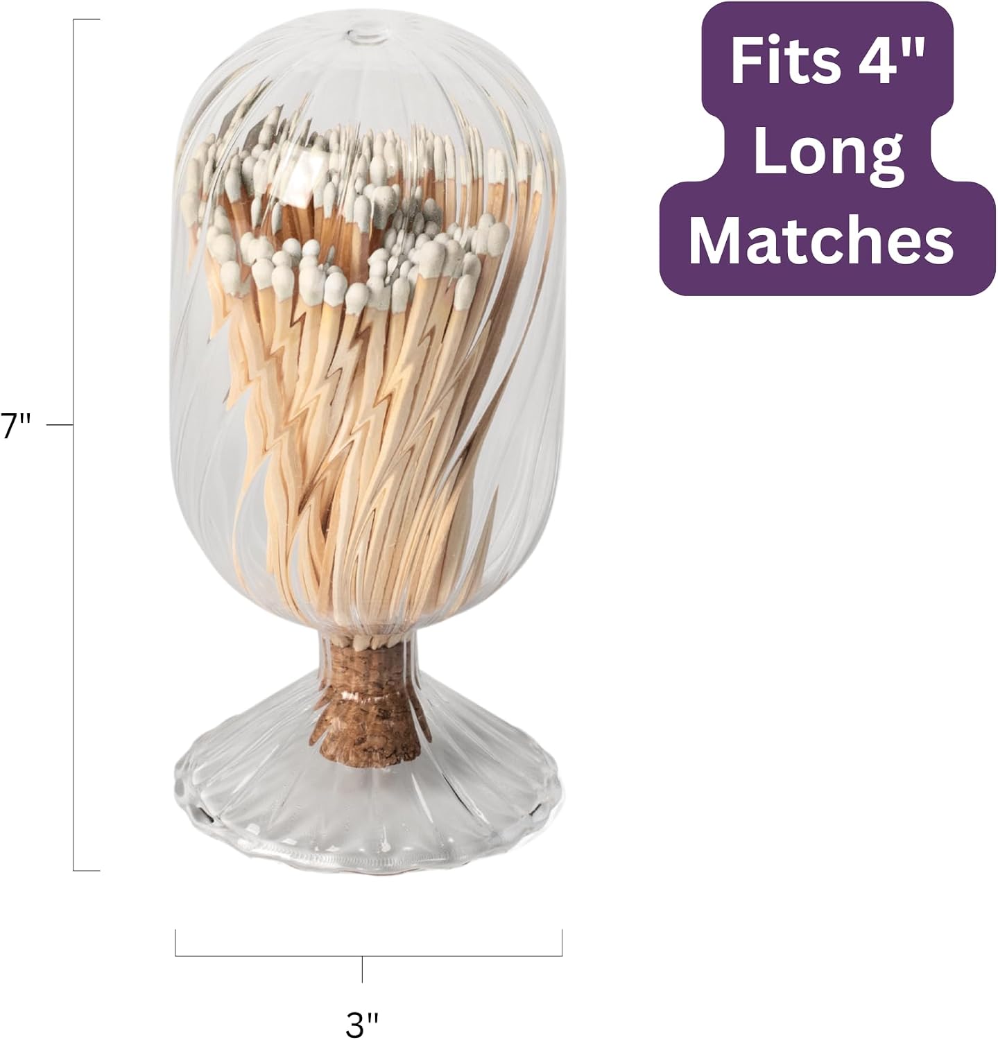 Premium Helix Glass Cloche - Matches In a Jar With Striker. Long Matches for Candles, Fireplace. Or Use Bottle for Bath Salts, Accessories. Includes Striker AND Safety Matches (White)