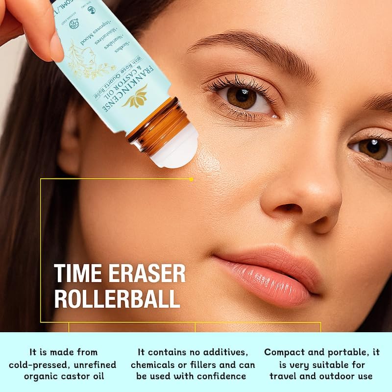 Frankincense and Castor Oil, Organic Castor Oil Roll On with Rose Quartz Roller, 100% Pure, Organic, Cold-Pressed, Firms Skin, Reduces Fine Lines, Suitable for Face, Neck, Abdomen(50ML/1.7OZ)