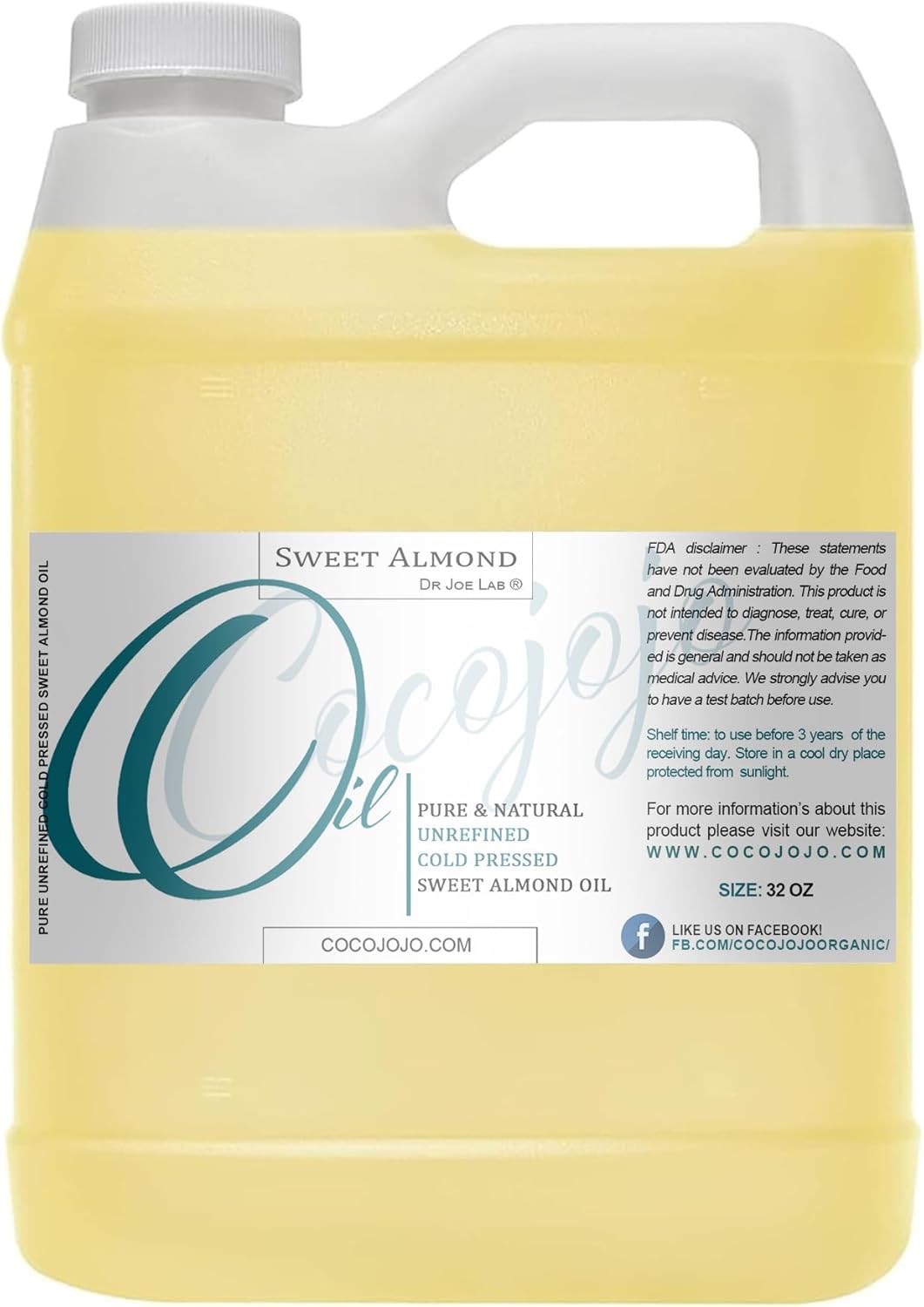 Dr Joe Lab Sweet Almond Oil for Hair, Sweet Almond Oil for Skin, Body, Nails, Pure Natural Cold Pressed Unrefined Extra Virgin Moisturizes & Nourishes - 32 Fl Oz - Packaging May Vary