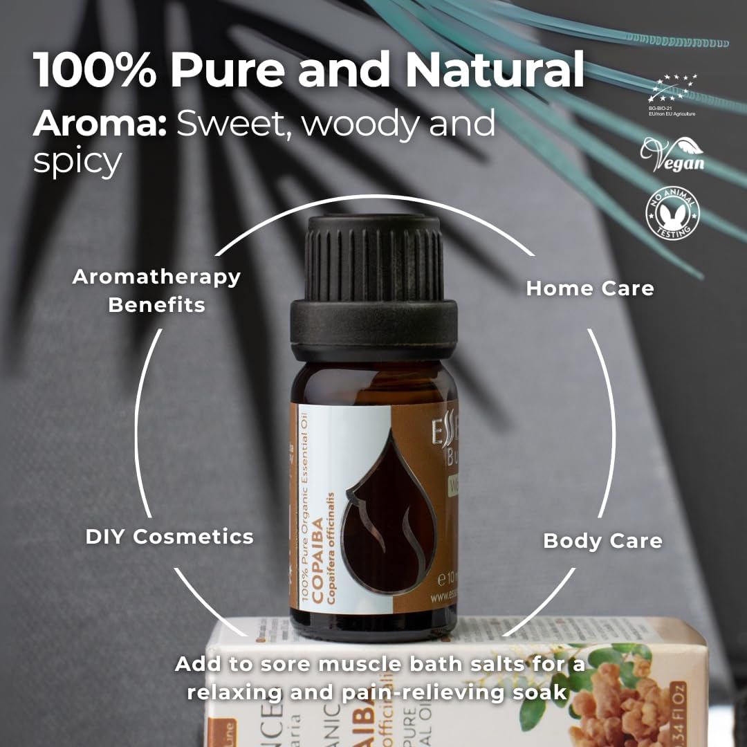 Essences Bulgaria Organic Copaiba Essential Oil 0.34 Fl Oz 10ml Copaifera officinalis - 100% Pure Natural Undiluted Therapeutic Grade Aromatherapy for Diffuser Humidifier Massage Skin Care Hair Oil
