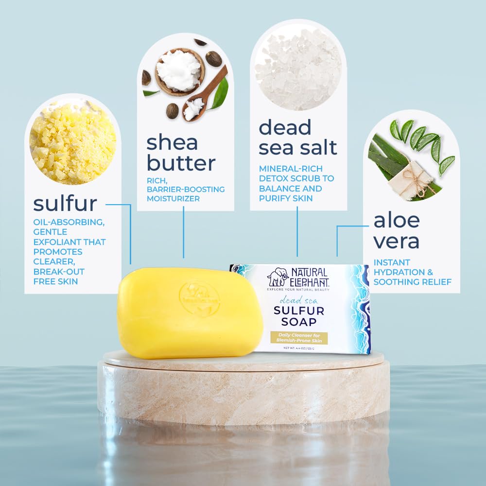 Natural Elephant Dead Sea Sulfur Soap Bar | Clarifying Face & Body Wash with Dead Sea Salt & Aloe Vera | 4.4 oz (125 g)