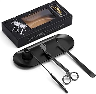 tifanso 4-in-1 Candle Care Kit with Wick Trimmer Cutter, Extinguisher Snuffer, Dipper and Storage Tray Plate, Stainless Steel Wick Scissors Accessories with Gift Package for Candle Lovers (Black)